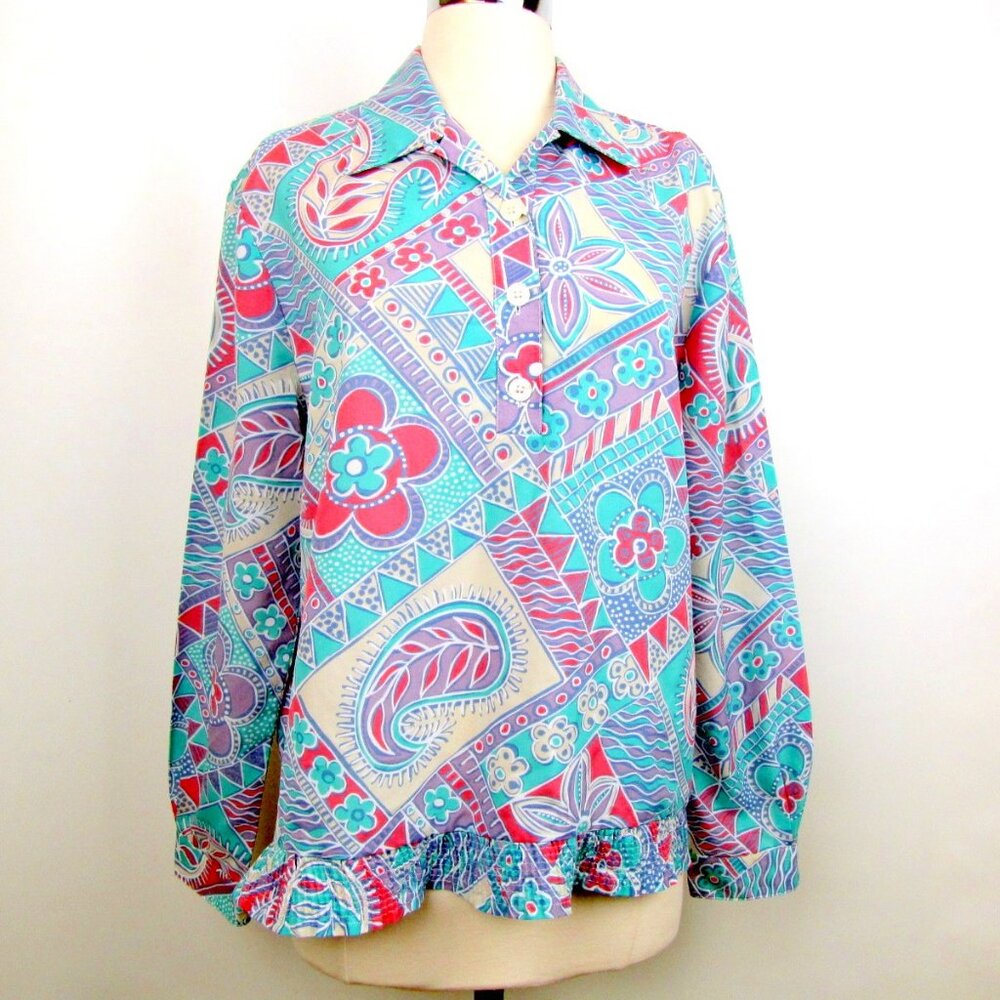 Vintage Womens Pastel Paisley Spring Blouse Top Large Pullover Button Mod Casual